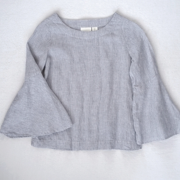 Cynthia Rowley 100% Linen Blue & White Pinstripe Bell Sleeve Top M - Picture 3 of 10